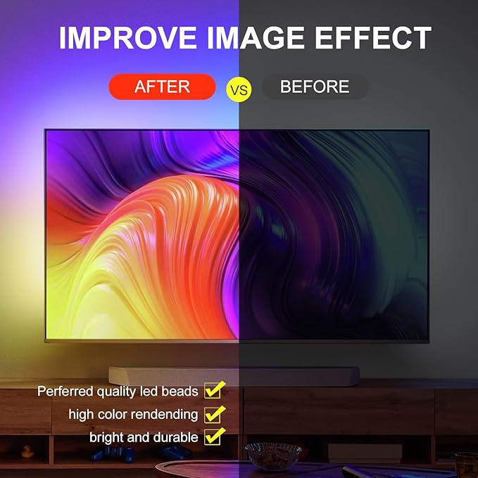 TV LED Lights, 13.2ft Music Sync RGB Strip Lights with Remote & App Control, USB Powered for 32-65 Inch TVs, PC, Bedroom, Gaming Setup, Home Cinema