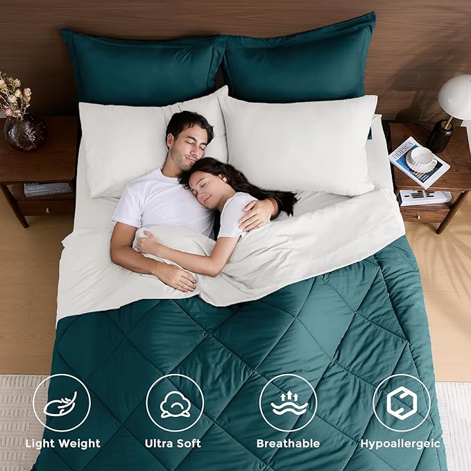 HEVUMYI Twin Comforter Set - 5-Piece All Season Bed in a Bag Twin, Ultra Soft Bedding Set with Comforter, Flat Sheet, Fitted Sheet, Pillowcases, Pillow Shams, Peacock Blue & Ivory