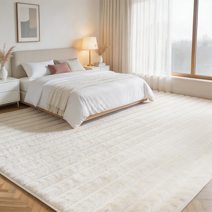 Creamy White Rabbit Striped Plush Rug 6'x9', Fluffy Faux Fur Shaggy Area Rug - Image 2