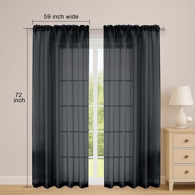 Black Sheer Curtains 72 Inches Long 2 Panels Set, Transparent Voile Sheer - Image 2