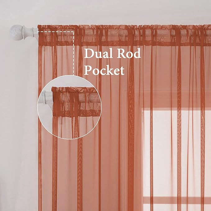 MIULEE Fall Burnt Orange Sheer Curtains 54 X 84 Inches, 2 Panels | Solid Color - Image 2