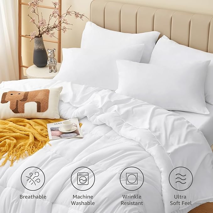CozyLux Twin XL Comforter Set White, 5 Pieces Twin Extra Long Bed in a Bag for College Dorm, All Season Bedding Set with Stitch Quilted Comforter, Flat Sheet, Fitted Sheet, Pillowcases