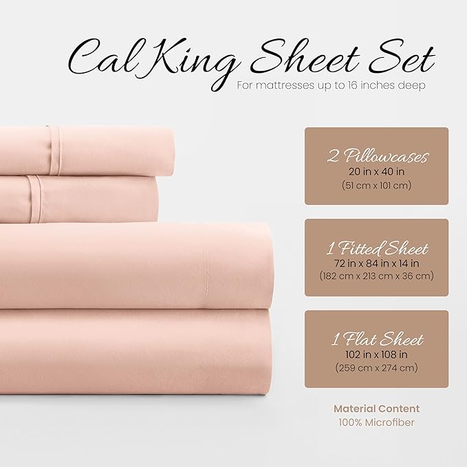 Linen Market Double-Brushed Microfiber California King Sheet Set 4 Piece – Oeko-TEX Certified Ultra Soft & Wrinkle-Free - 16" Deep Pocket Sheets Easy Care Cal-King Size - Blush