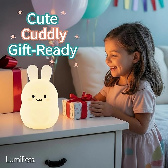 Lumipets Baxter The Bunny Squishy Night Light for Kids | Silicone Lamp with Tap & Remote Control | Rechargeable Color Changing Animal Night Light for Boys & Girls | Portable Nightlight with USB Cord