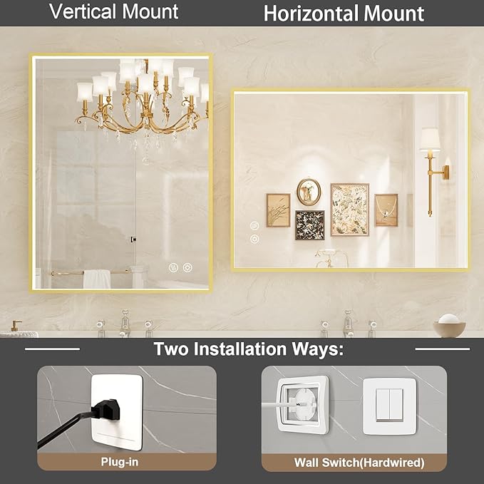 24x36 Inch LED Bathroom Mirror with Lights,Wall Mounted Lighted Mirrors with Non-Rusting Gold Metal Frame Anti-Fog Memory Funtion Stepless Dimmable, CRI90+,Waterproof