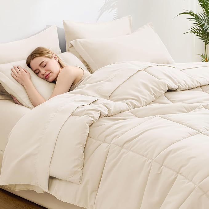 Love's cabin Queen Comforter Set Beige, 7 Pieces Queen Bed in a Bag, All Season Bedding Sets with 1 Comforter, 1 Flat Sheet, 1 Fitted Sheet, 2 Pillowcase and 2 Pillow Sham