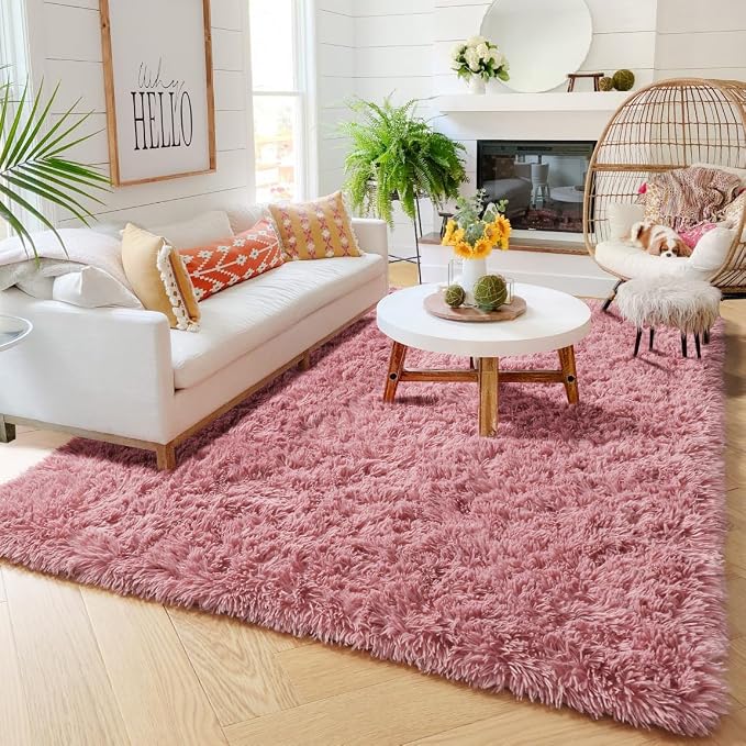Amdrebio Blush Pink Furry Shag Area Rug 4x6 - Image 4