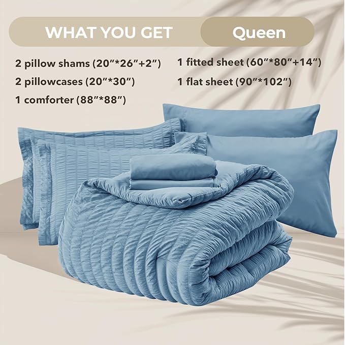 HYMOKEGE Mineral Blue Queen Comforter Set Seersucker 7 Pieces, All Season Luxury Bed in a Bag Queen for Bedroom, Bedding Set with Comforter, Sheets, Pillowcases & Shams