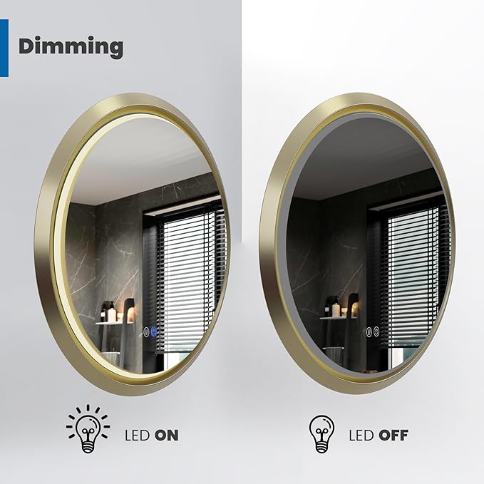 Fab Glass and Mirror 28" Round LED Bathroom Wall Piece with Touch Dimming, Anti-Fog Feature, 3 Color Temperature Options, Circular Framed Lighting in Gold