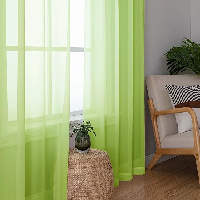 Lime Sheer Curtains 63 Inch Length 2 Pcs, Lightweight Solid Transparent Window - Image 2