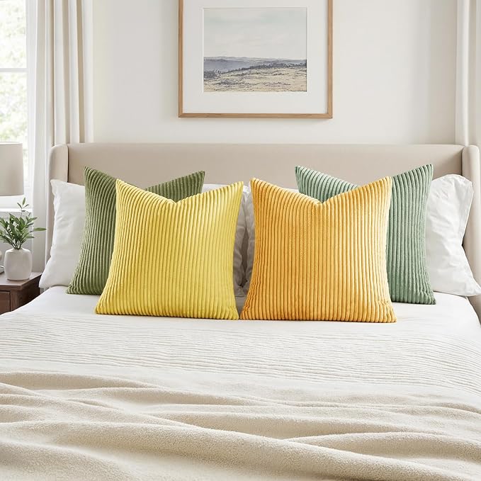 MIULEE Soft Corduroy Decorative Throw Pillow Covers Yellow Green 20x20 | Set of - Image 4