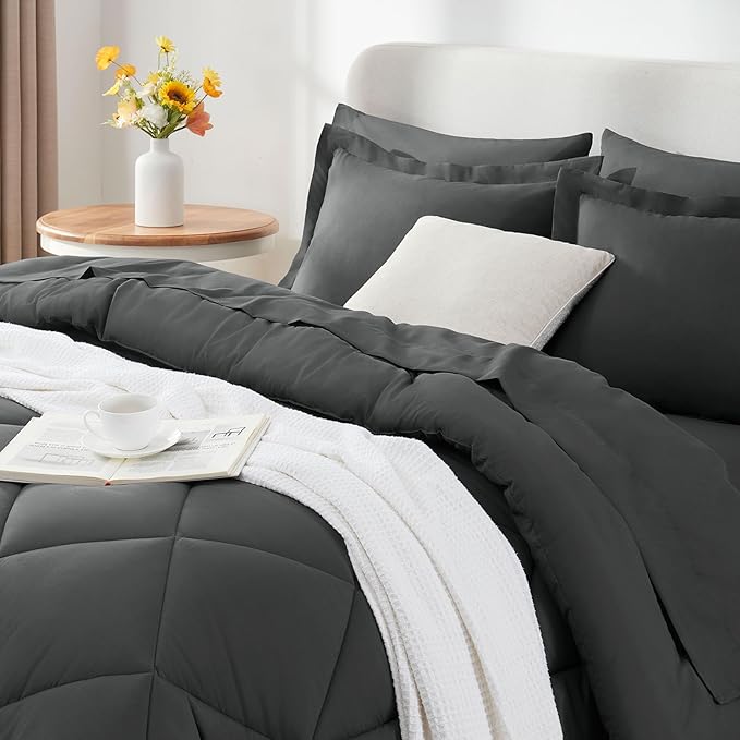 CozyLux Oversized Queen Comforter Set Dark Grey, 7 Pieces Bed in a Bag Comforter Set with Sheets Luxury Bed Set All Seasons, Bedding Set with Down Alternative Comforter, Sheets, Pillowcases & Shams