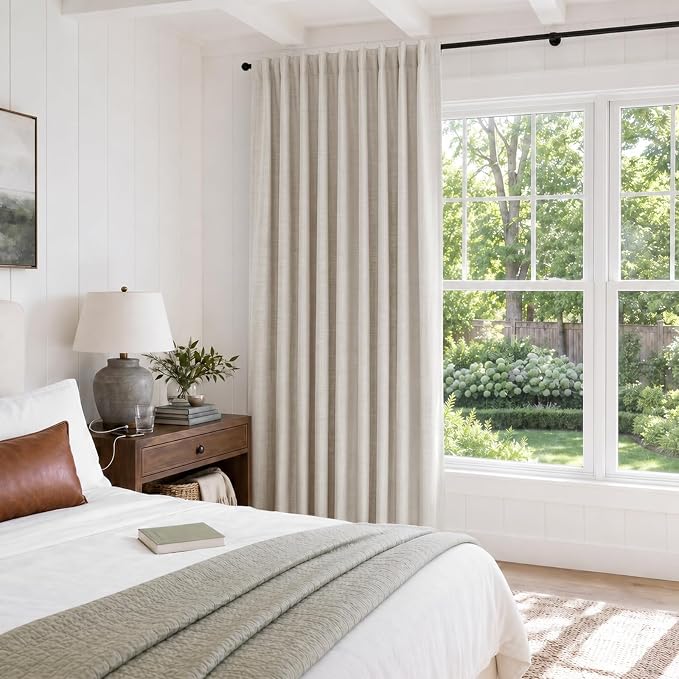 Linen Textured Total Blackout Sliding Door Curtains 96 Inches Long, Cream | - Image 5