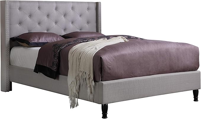 HomeLife Premiere Classics Cloth Light Grey Silver Linen 51" Tall Headboard Platform Bed with Slats Queen- Complete Bed 5 Year Warranty Included-007