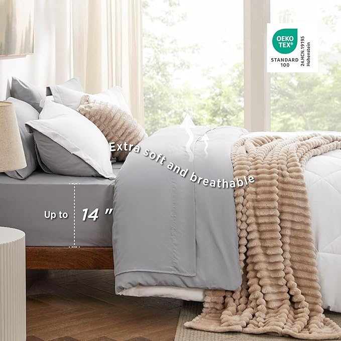 Bedsure Full Comforter Set - 7 Pieces Reversible White and Grey Bedding, Full Bed Set for All Seasons, Bed in a Bag with Down Alternative Comforter, Grey Sheets, Pillowcases & Shams