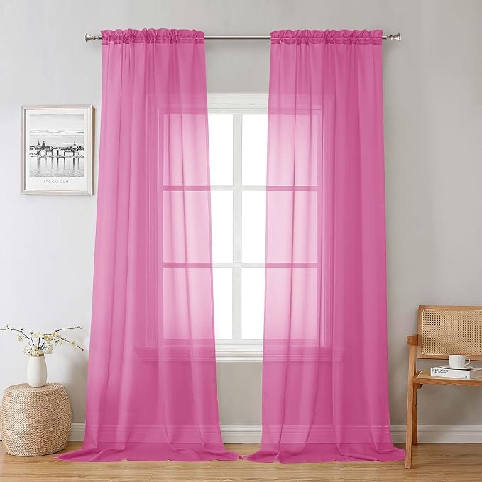 Hot Pink Sheer Curtains 96 Inches Long 2 Panels, Rod Pockets Solid Voile Living by Lecloud