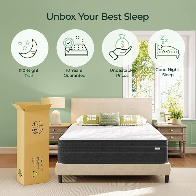 koorlian 12 Inch King Size Mattress in a Box for Back Pain, Medium Firm Feel Fiberglass Free Hybrid Mattress with Individual Pocket Springs and Pressure-Relieving Memory Foam, 120-Night Trial