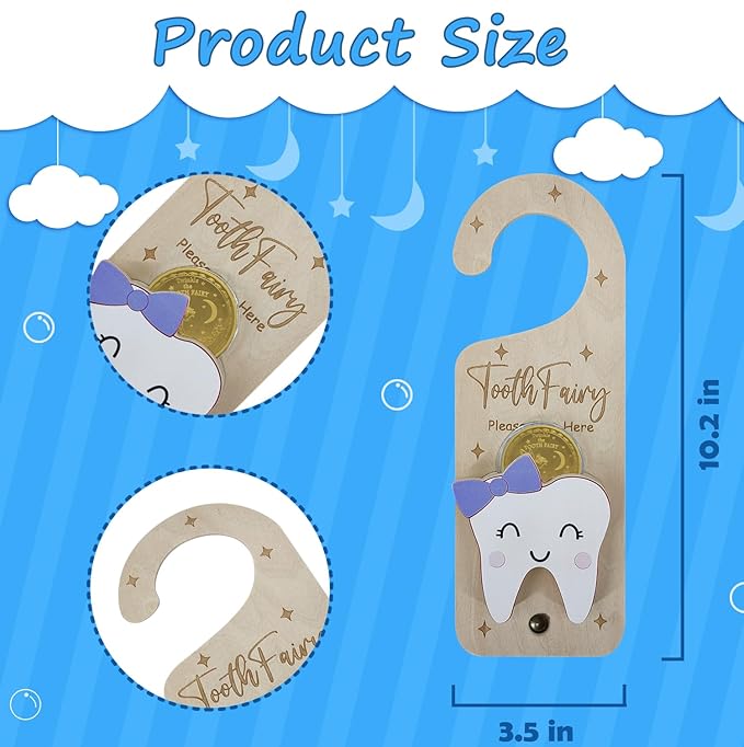 Tooth Fairy Door Hanger, Wooden Tooth Fairy Money Holder with Tooth Coins for Lost Tooth Kids Gifts (Purple)