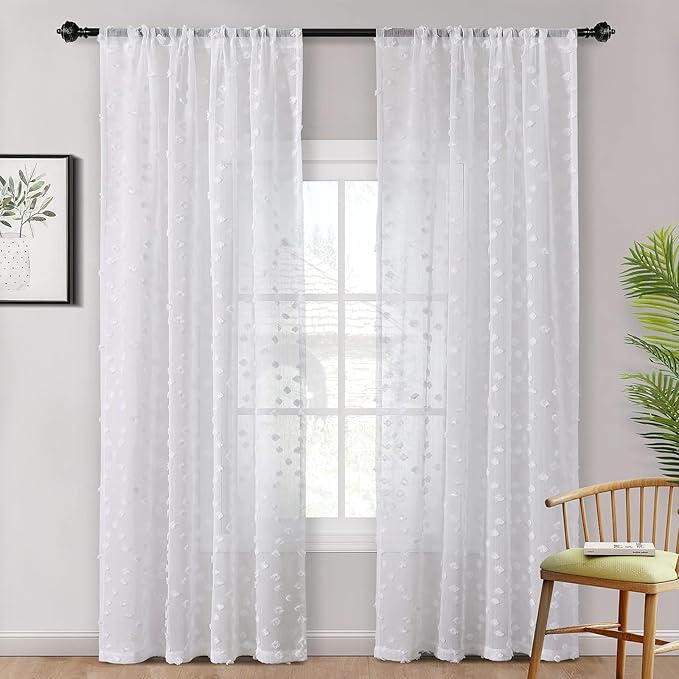 MYSKY HOME Pom Pom White Sheer Curtains for Bedroom Girls Room Curtains 84 Inches Long for Nursery Kids Light Filtering Boho Window Drapes, Rod Pocket, 52" Wide, 2 Panels