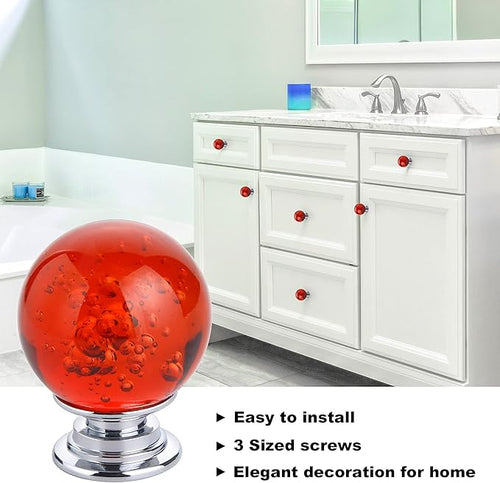 10 PCS Crystal Cabinet Knobs Round Glass Bubbles Dresser Knobs Smooth Drawer Knobs Handle for Home, Cabinet, Drawer and Dresser Hardware with 3 Different Size Screws, 30MM (Red)
