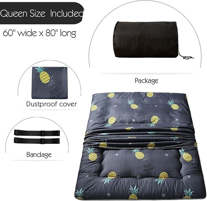 MAXYOYO Grey Pineapple Japanese Floor Futon Mattress, Tatami Floor Mat Portable Camping Mattress Kids Sleeping Pad Foldable Roll Up Floor Lounger Couch Bed Queen Size with Mattress Protector Cover