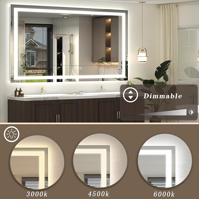 57x 36 LED Lighted Bathroom Mirror, Dimmable Vanity Mirror with Lights, Anti-Fog, ETL Listed (Backlit and Front Lighted)
