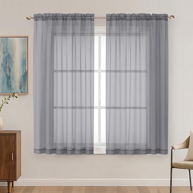 Charcoal Grey Sheer Curtains 63 Inches Long 2 Panels Set, Light Filtering Sheer by OVZME