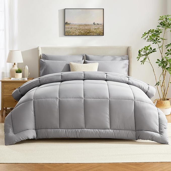 CozyLux King Size Comforter Set Grey, 7 Pieces Bed in a Bag, Gray Comforter King Size, All Season Bedding Sets with Stitch Quilted Comforter, Flat Sheet, Fitted Sheet, Pillowcases