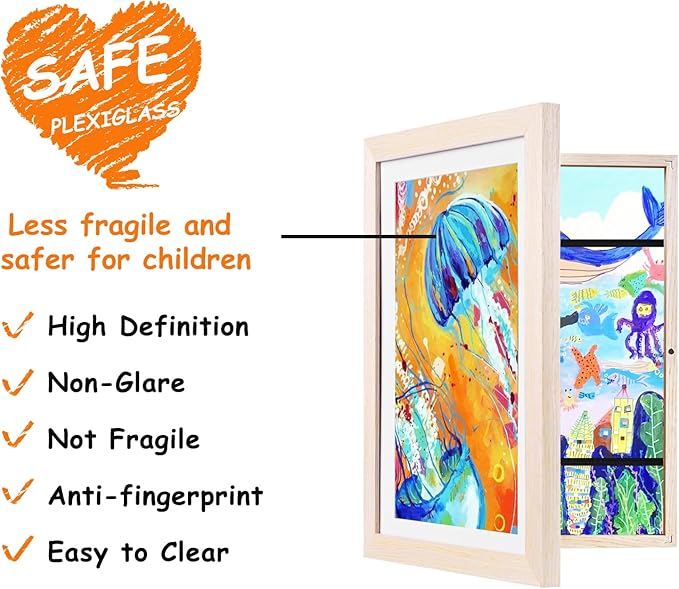 KINLINK 9x12 Kids Art Frames Set of 2, Solid Wood Kids Artwork Frames Changeable with Acrylic Front Opening Holds 150 Pictures, Art Frame for Kids Artwork with Mat or without Mat, Natural