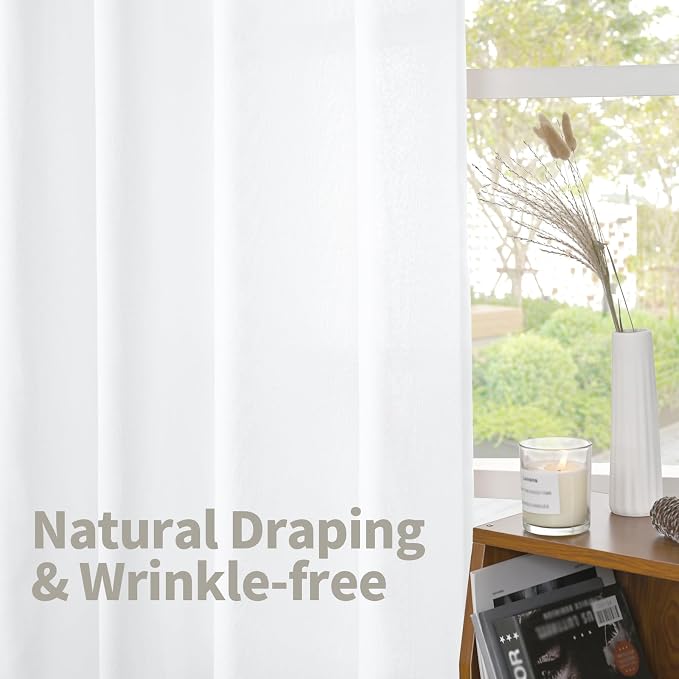 YoungsTex White Linen Semi Sheer Curtains 45 Inch Length 2 Panels | Short Light - Image 6