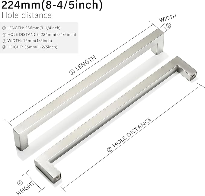Cabinet Pulls Brushed Nickel Cabinet Handles Square Drawer Pulls, 2 Pack 8-4/5 Inch Stainless Steel Kitchen Door Cupboard Cabinet Handles, Cabinet Hardware Drawer Handles, 224mm Hole Centers