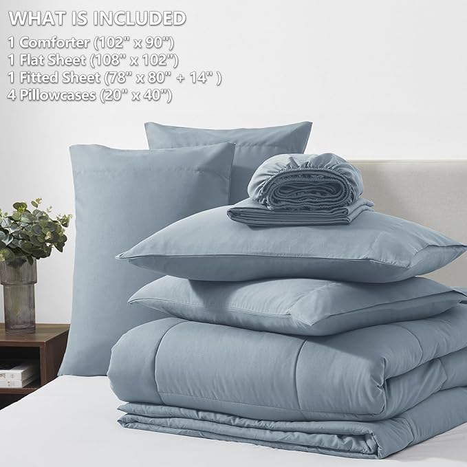 CozyLux King Size Comforter Set Grayish Blue, 7 Pieces Bed in a Bag, Dusty Blue Comforter King Size, All Season Bedding Sets with Stitch Quilted Comforter, Flat Sheet, Fitted Sheet, Pillowcases