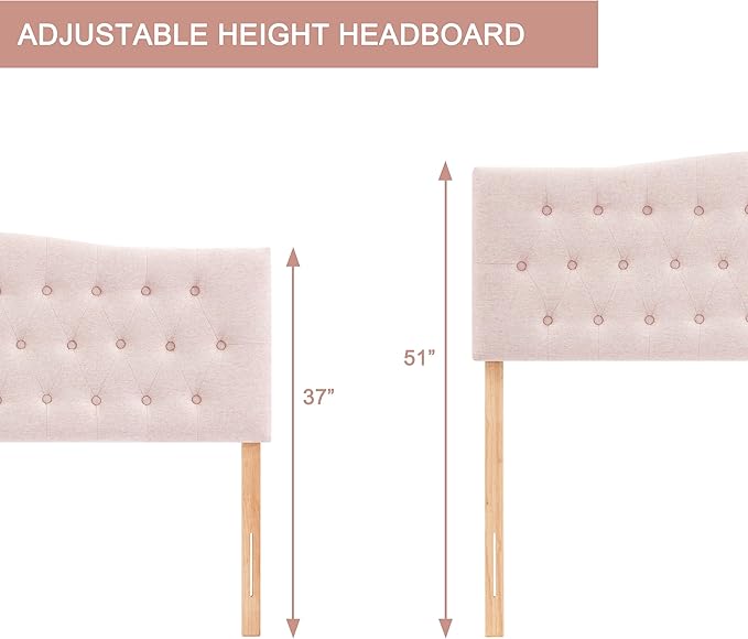 Tufted Upholstered Headboard Twin Size, Sturdy and Durable Solid Wood Bed headboard, Fabric Headboard Adjustable Height from 37” to 51”, Modern Button Diamond Design Head Board, Pink