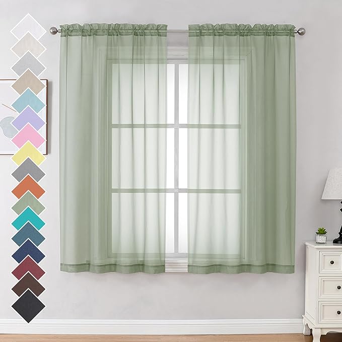 OVZME Light Green Sheer Curtains 63 inch Length 2 Panels Set for Bedroom Living Room, Elegant Light Filtering Sheer Drapes Window Treatments, Each is 42W x 63L Inches, Sage Green