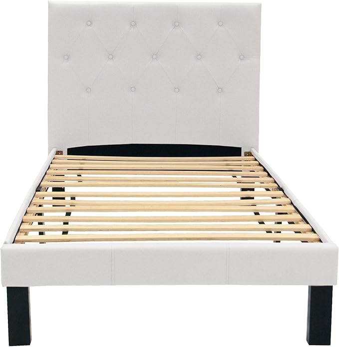Poundex PU Upholstered Platform Bed, Twin, White