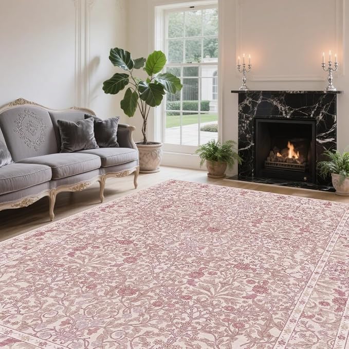 Vintage Pink Living Room Rug, 8x10 Washable Area Rugs - Image 3