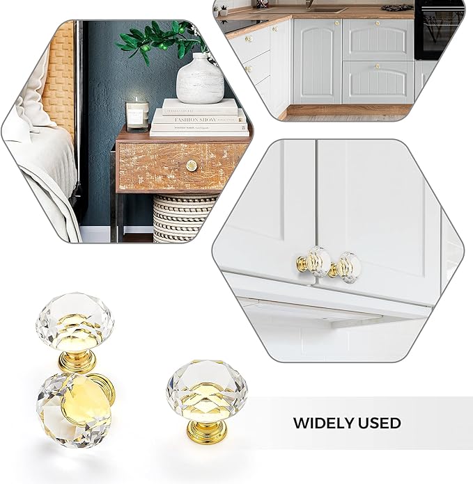 Ravinte 30 Pack Crystal Drawer Knobs - Glass Cabinet Knobs, Diamond Shaped, 30 mm, Gold Base