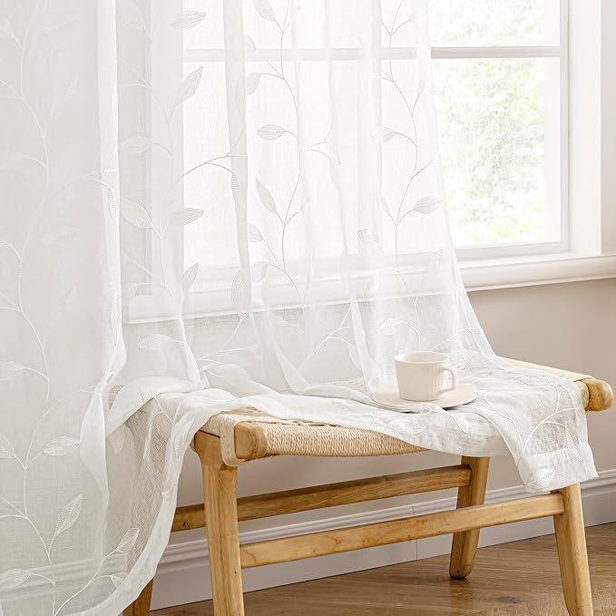 MIULEE Ivory Sheer Curtains 2 Panels Embroidered Leaf Patterned, W52 x L96 | by MIULEE