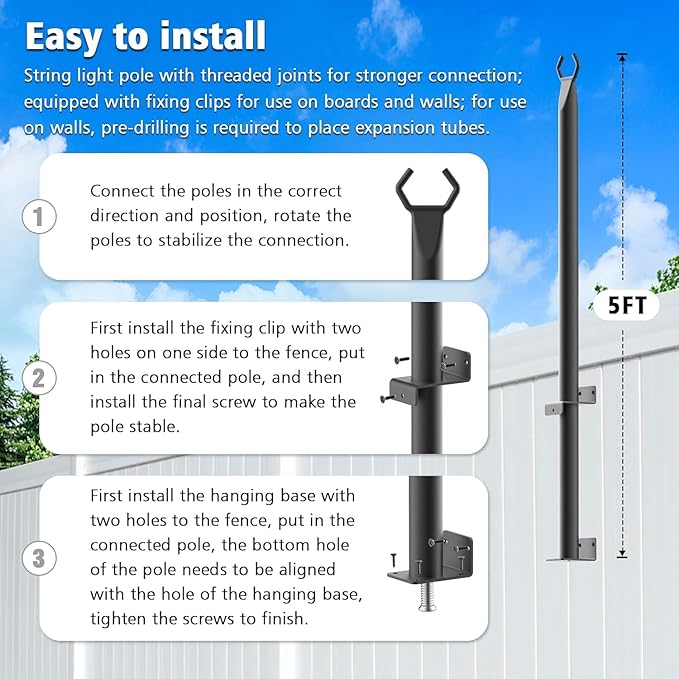 8 Pack 5Ft String Light Poles,Outside String Lights,Outdoor Light Poles,Metal Poles Stand for Patio,Backyard,Deck