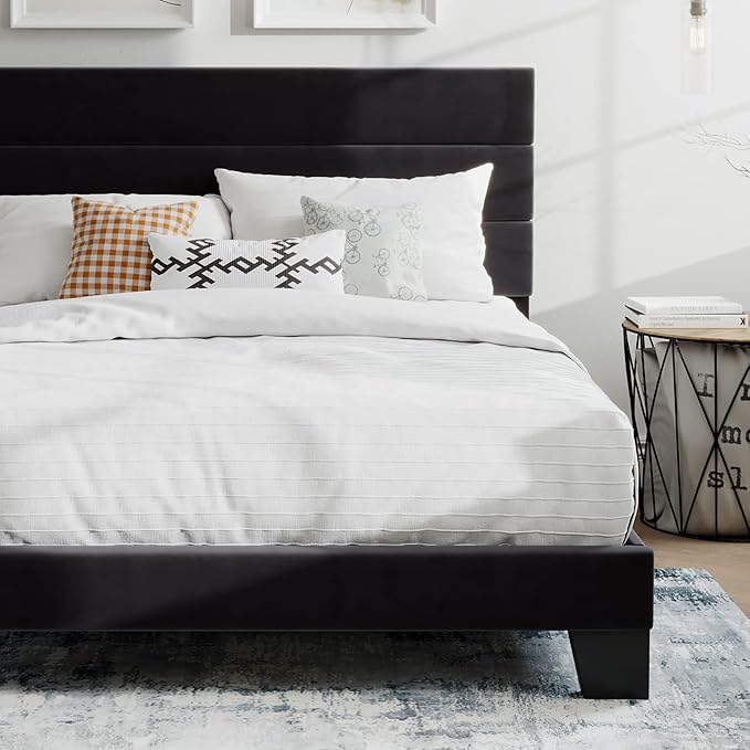 SHA CERLIN Queen Platform Bed Frame with Velvet Upholstered Headboard, Mattress Foundation with Strong Wooden Slats Support, No Box Spring Needed, Black