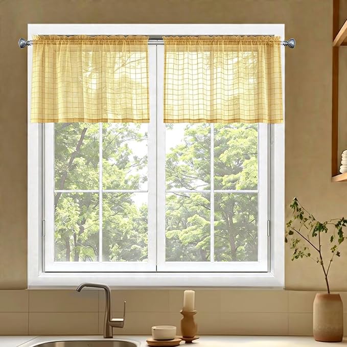 SpaceDresser Check Sheer Curtains 18 Inches Long by SpaceDresser