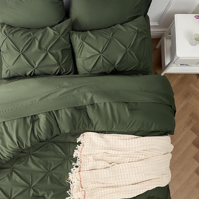 Bedsure Oversized Queen Comforter Set Olive Green - Bed in a Bag Bedding Set 7 PCS, GentleSoft™ Pintuck Bed Set Gift for Family, Pinch Pleat All Season Comforter with Sheets, Pillowcases & Shams