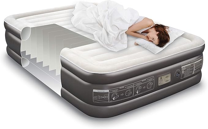 Noble Queen Size Luxury Upgraded Double HIGH Raised Air Mattress, Inflatable Airbed with Built-in Pump Elevated Raised Air Mattress Quilt Top, Coil Beam Technology