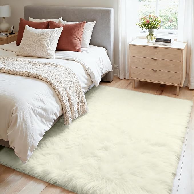 4x6 Fluffy Shag Area Rugs for Living Room Bedroom: Soft Carpet Cream White | - Image 2