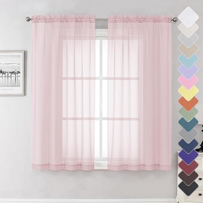 Blush Pink Sheer Curtains 63 Inch Length 2 Panels, Light Filtering Window Voile by Lecloud