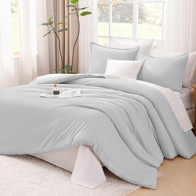 Litanika Light Grey Comforter Full Size, 3 Pieces Lightweight Solid Bedding Comforter Set, All Season Fluffy Bed Set (79x90In Comforter & 2 Pillowcases)