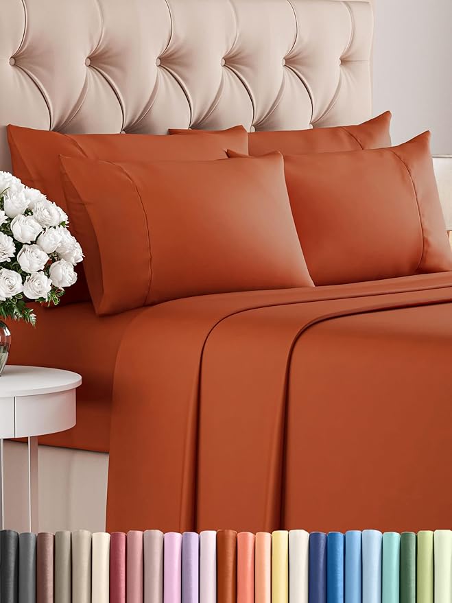 Cal King 6 Piece Sheet Set - Comfy Breathable & Cooling - Soft Hotel Luxury Bedding Set with 8-16 Inch Deep Pockets - 1 Flat & 1 Fitted Sheet & 4 Pillowcases - Wrinkle Free & Easy Care - Terracotta