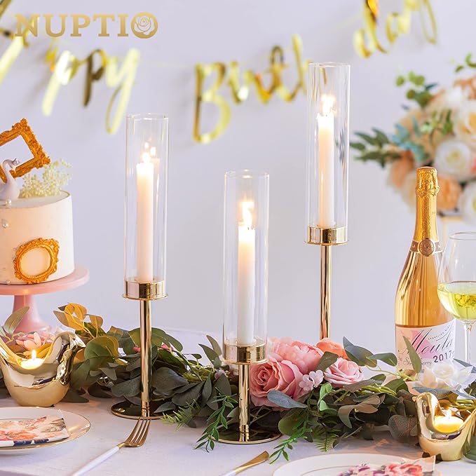 NUPTIO Gold Candlestick Holders Bulk: Set of 18 Glass Hurricane Taper Candle Holders - Decorative Candle Stick Stand for Fall Christmas Fireplace Dining Table Decor