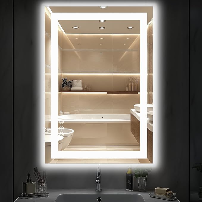 DUMOS 36"x 24" LED Bathroom Mirror with Lights, Dimmable Anti-Fog Front Lit Backlit Lighted Wall Mounted Rectangle for Vanity Makeup Memory Function Tempered Glass Shatter-Proof Horizontal&Vertically