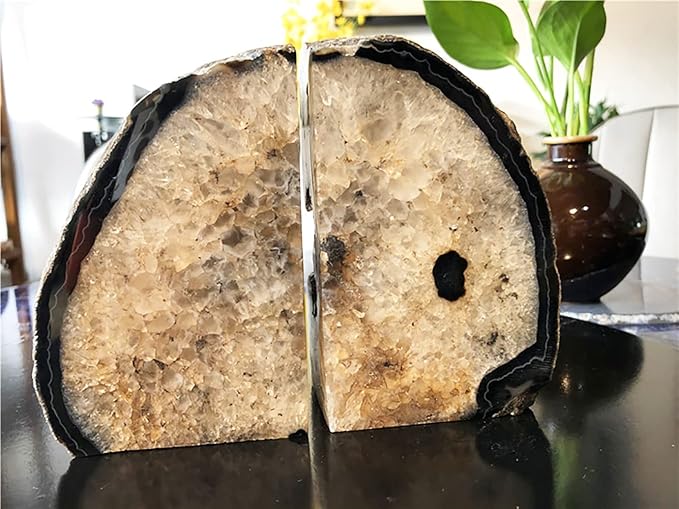AMOYSTONE Black Geode Bookends Agate Decorative Book Ends for Shelves Heavy Duty Crystal Quartz Bookends with Rubber Bumpers(1 Pair, 3-4 LBS)